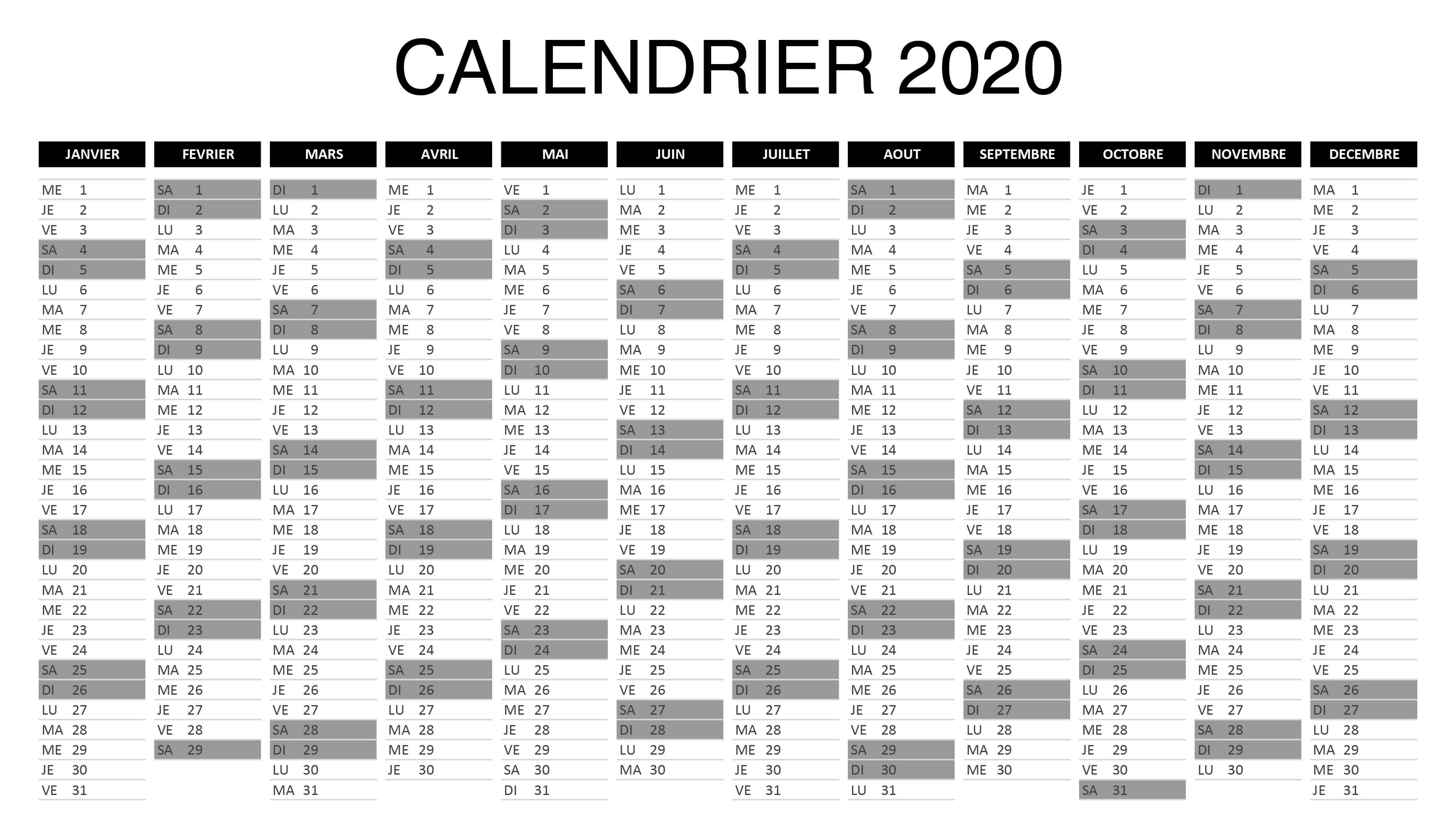calendrier 2020